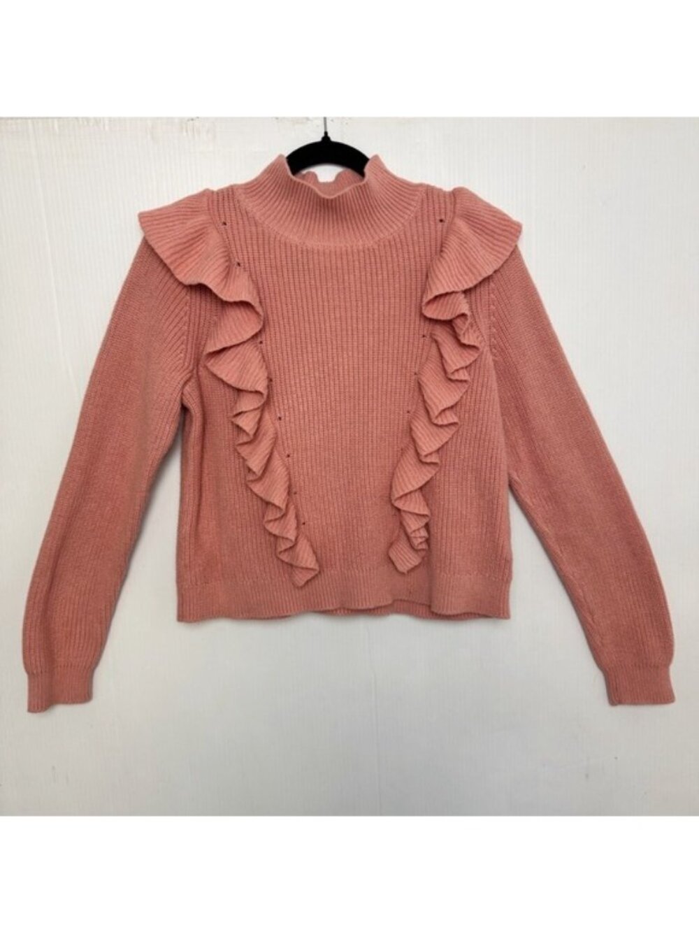525 America Mock Neck Ruffle Pink Sand Cotton Sweater size Medium - Picture 2 of 11